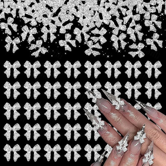 80 Pcs Silver Alloy Bow Nail Charms, 1011mm, Ideal for Nail Art, DIY Accessories