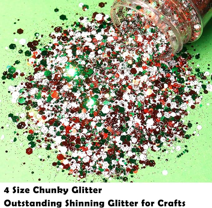 Renfio Xmas Chunky Glitter,Red White Green Mixed Color Glitter for Xmas,1.76oz/50g Mixed Size Iridescent Hexagon Sequin Sparkle for Snowglobe Tumbler,Resin,Craft,Nail,Face,Hair,Festival Decor,Ornament