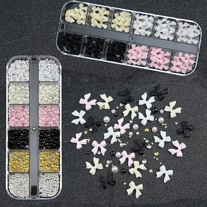 Nail Art Pearls with Glue Gel Flatback Pearls Pink Cream Bow Nail Charms Gold Silver Nails Gems Pearl Accessories for Women Nails Design Decoration Mixed Size 0.04-0.2in