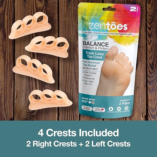 ZenToes Hammer Toe Corrector for Women & Men | Triple Loop Gel Toe Spacers & Separators | Realign Bent, Crooked, Curled, Claw, Hammertoes | Soft Support for Straightening | 4 Pack, Beige