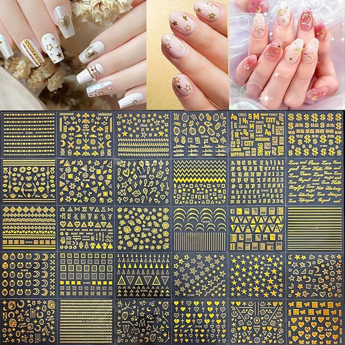 90 Sheets Gold Nail Art Stickers: Star Heart Flower Line, 3D Self-Adhesive Nail Decals for Women's Nail Decoration with Tweezer