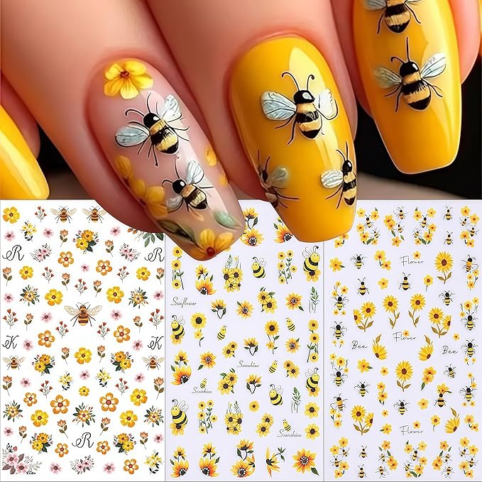 6 Sheets Bee Flower Nail Art Stickers 3D Self Adhesive Sunflower Stickers Yellow Floral Daisy Decals Spring Summer Nails Art Supplies Accessories for Women Girls DIY Manicure Decoration