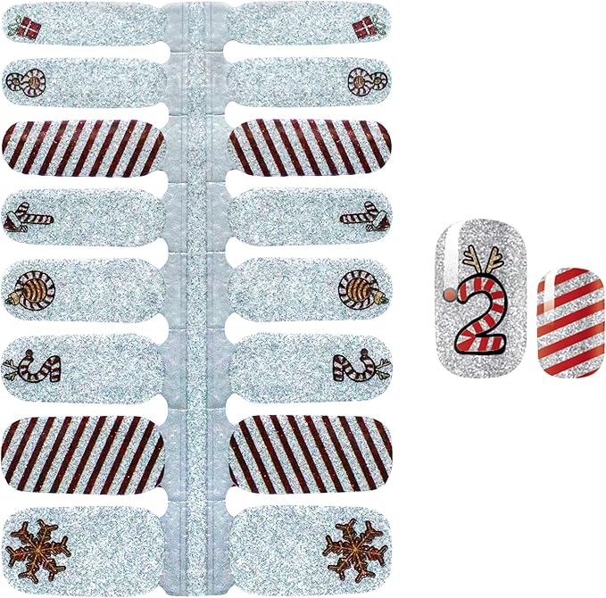WOKOTO 5 Sheets Christmas Adhesive Nail Art Polish Stickers Tips with 1Pc Nail File Snow Winter Nail Wraps Decals Manicure Accessories