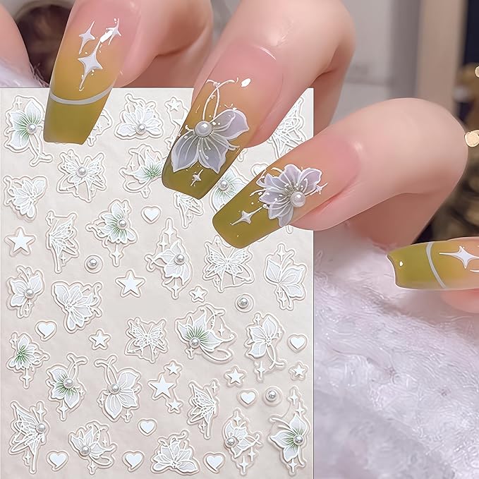 2 Sheets Green White Snow Mowing Flower Nail Art Stickers 5D Embossed Self-Adhesive Pearl Flower Stickers White Feather Lace Design Suitable for Ladies Girls Nail Art Decoration