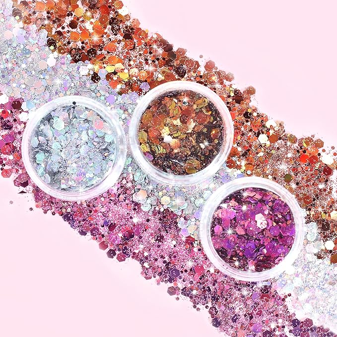 Nail Glitter SUPGIFT 15 Colors 130g Holographic Chunky Cosmetic Chameleon Sequins for Makeup Hair Body Art Slime Craft Resin with Brush 5 Spoons