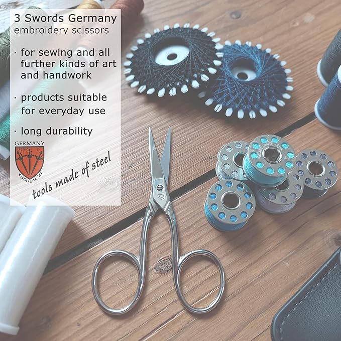 3 Swords Germany - Embroidery Scissors, Shears for Art Work, Daily Use in Household, Sewing, Art Work, Craft with black Synthetic Leather case