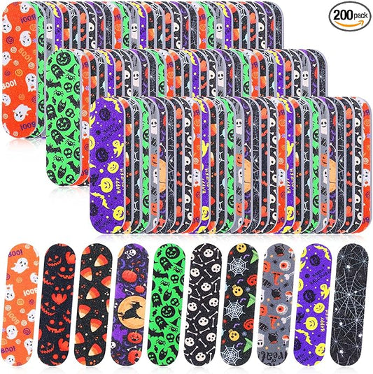 Lasnten 200 Pcs Halloween Gifts Bulk Mini Nail Files for Women Bat Spider Skull Double Sided Emery Board Nail File for Natural Nails Pumpkin Manicure Tools for Halloween Party Favor