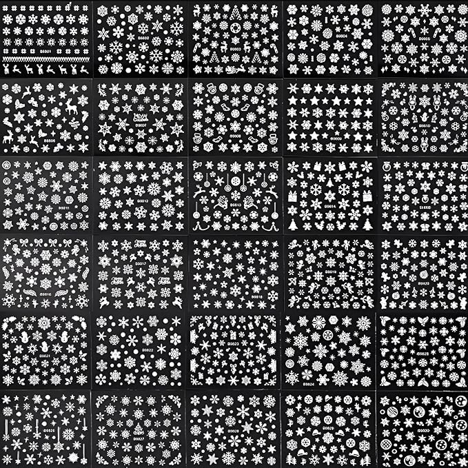30 Sheets Christmas Nail Art Stickers Decals 3D Self-Adhesive Snowflake Nail Stickers White Snowmen Santa Claus Elk Nail Supplies New Year DIY Nail Decals