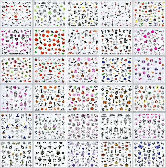 ONPRESS 30Sheet Halloween Nail Stickers Pumpkin Ghost Face Nail Art Stickers 3D Self-Adhesive Spider Web Cat Bat Nail Decals Skull Witch bow Nail Accessories for Women Girls Acrylic Manicure Supplies