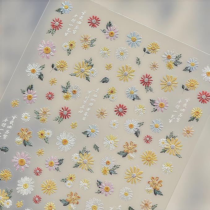 Colorful Flowers Nail Stickers 5D Self-Adhesive Embroidered Daisy Floral Design Decals Spring Daisy Flowers Nail Art Charms for Women DIY Decorations Exquisite Cardboard 1Sheets Set