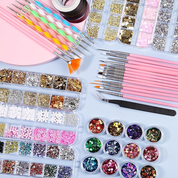 Nail Art Kit for Beginners with Nail Brushes Set and Dotting Tools, Jumbo Holographic Glitter Sequins 2-6mm Rhinestones 3D Pink&White Flowers Metal Studs Colorful Striping Tape with Tweezers (03-Pink)