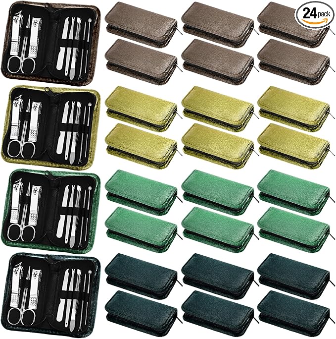 Coume 24 Sets Manicure Set Bulk Rad Tech 8 in 1 Nail Clippers Kit Luxurious Travel Case Stainless Steel Nails Care Tool Office Gift for Coworker Nurse Practitioner Week Christmas(Green Series)