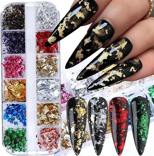 12 Colors Nail Art Sequins Holographic Gold Foil Nails Glitter Mermaid Design Acrylic Art for Women Girls DIY Nail Decoration