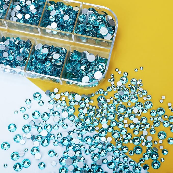 2400 Pcs Flatback Gems Rhinestones Round Crystal Nail Gems 6 Sizes (1.5-4.8 mm) Nail Jewels Glass Diamonds Stones Kit with Tweezers and Picking Pen, for Nail Art DIY Craft Eye Makeup (Aquamarine)