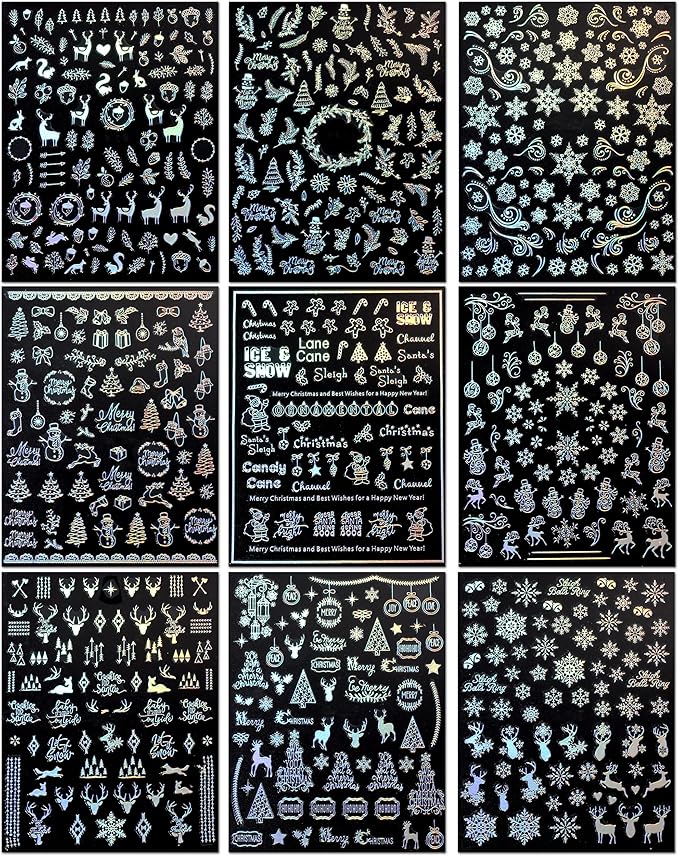 9 Sheets Aurora Christmas Nail Art Stickers Decals Self-Adhesive Pegatinas Uñas Glitter Rose Gold Snowflakes Winter Nail Supplies Nail Art Design Decoration Accessories