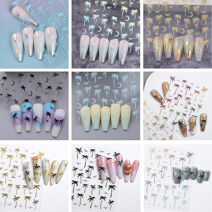 8 Sheets Tropical Palm Tree Nail Art Stickers Coconut Trees Decals Multi-Color Holographic Gradient Design with Birds and Moon Summer Beach Theme Sliders for Women Manicure Decorations