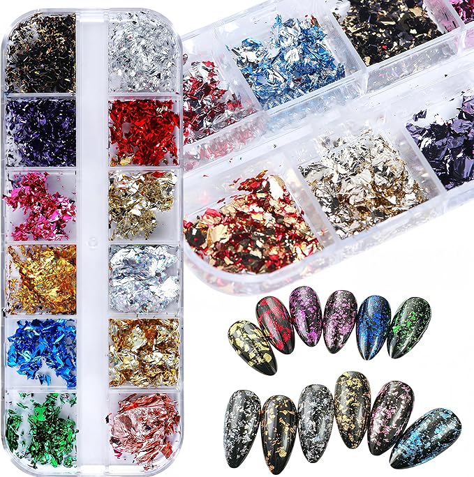 12 Colors Nail Art Sequins Holographic Gold Foil Nails Glitter Mermaid Design Acrylic Art for Women Girls DIY Nail Decoration