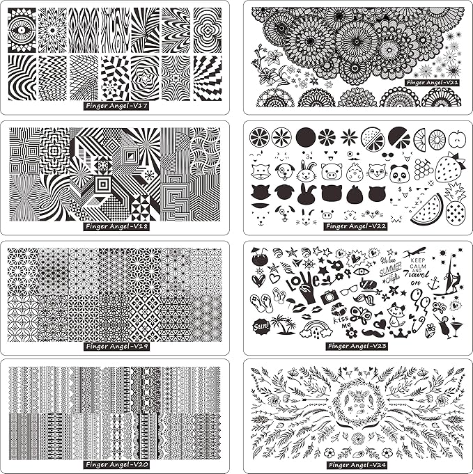8pcs Nail Stamp Plates + Nail Stamper with Scraper+ 1 Pcs storage bag Nails Art Stamping Plate Scraper Stamper Set Leaves Flowers Animal Template Image (V17-24)
