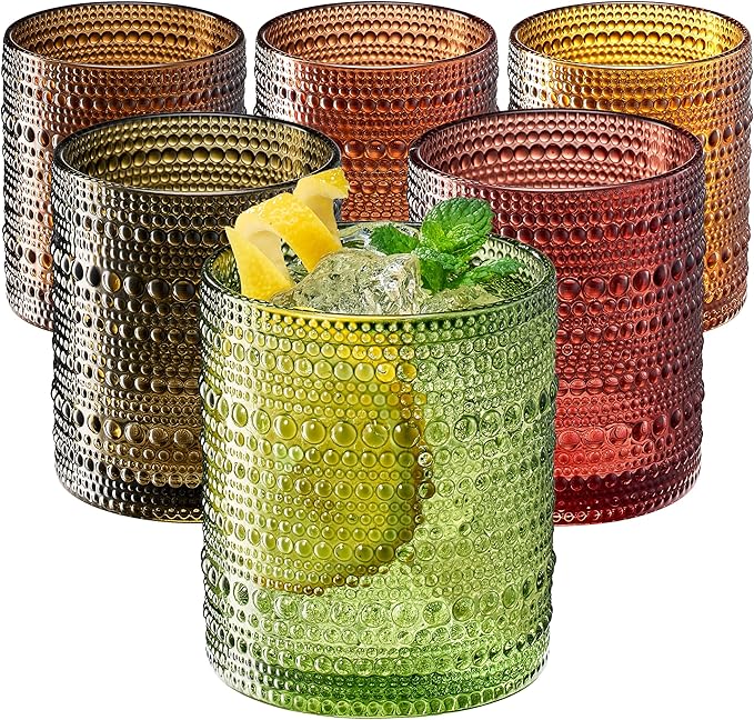 Shades of Summer Set of 6 Luxury Hobnail Drinking Glasses - 11oz Jewel-Toned by Khen