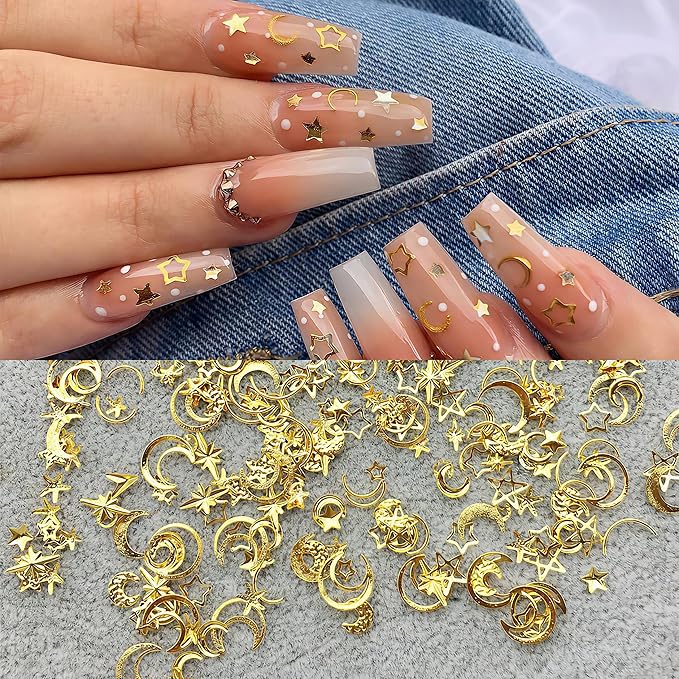 Hollow Moon Star Nail Art Ornaments Glitter Rhinestone Gold Mixed Metal Star Decorations for Women Girls DIY Nail Art Accessories 2 Boxes