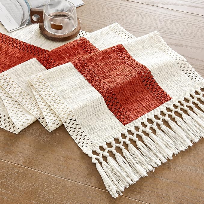 Macrame Style Bicolor Stitching Table Runner 14x36in Orange | Woven Boho Table - Image 7